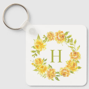 Watercolor yellow Roses Floral Wreath Monogram Key Ring