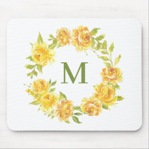 Watercolor Yellow Roses Floral Wreath Monogram Mouse Mat