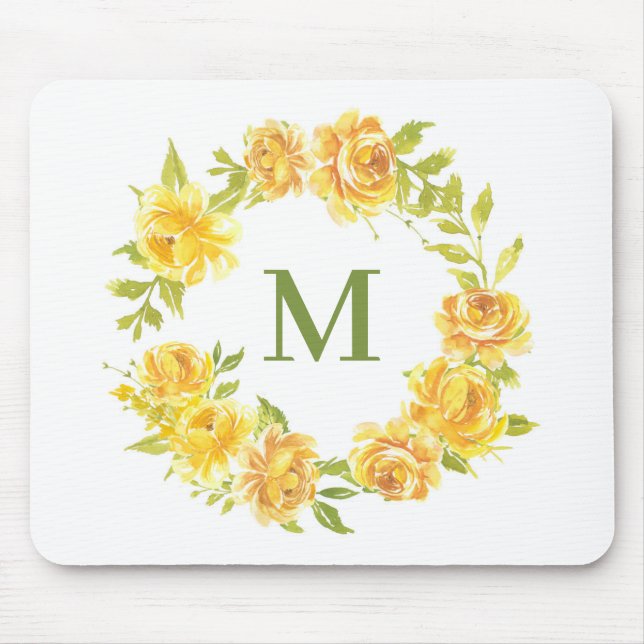 Watercolor Yellow Roses Floral Wreath Monogram Mouse Mat (Front)