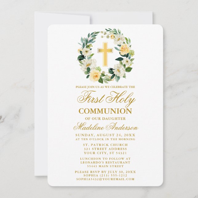 Watercolor Yellow Roses Wreath First Communion Invitation (Front)