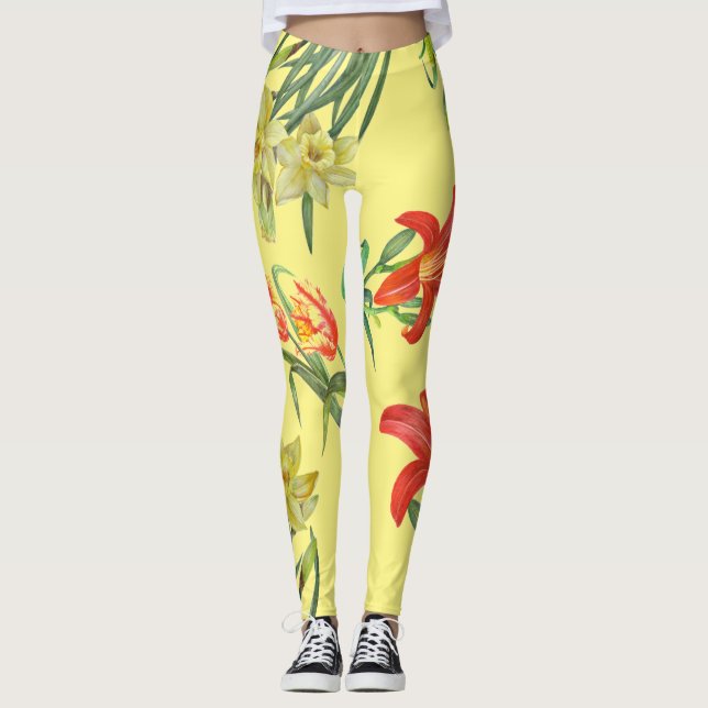 Watercolor Yellow Spring Flowers Floral Pattern Leggings (Front)