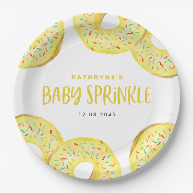 Watercolor Yellow Sprinkle Doughnuts Baby Sprinkle Paper Plate (Front)