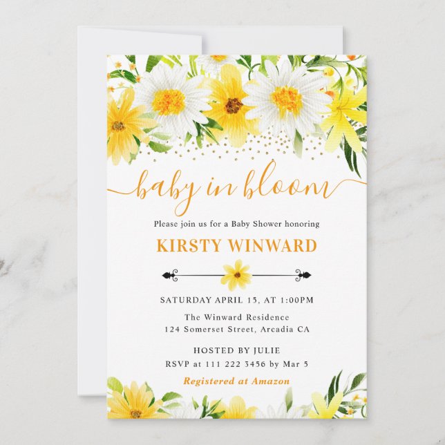 Watercolor Yellow Summer Flowers Baby Shower Invitation (Front)