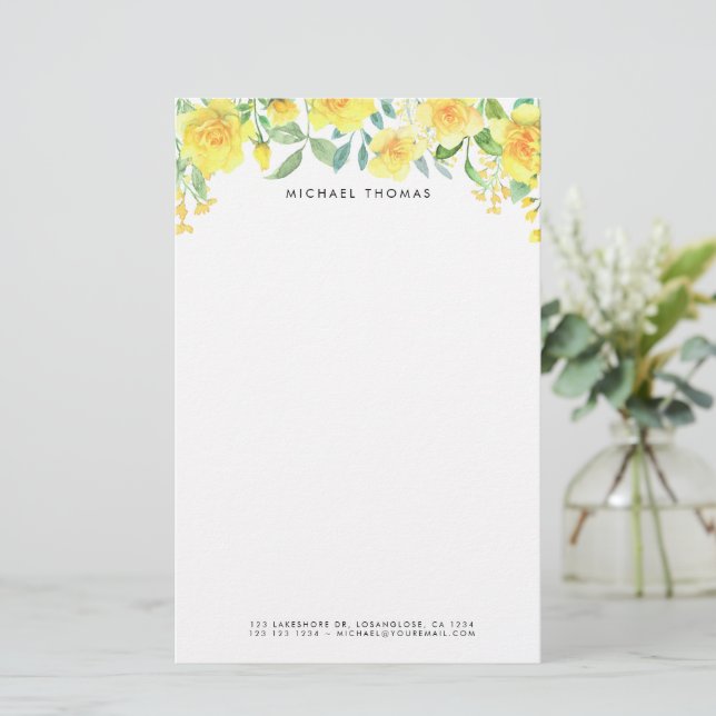 Watercolor Yellow Summer Flowers Personalised Stationery (Standing Front)