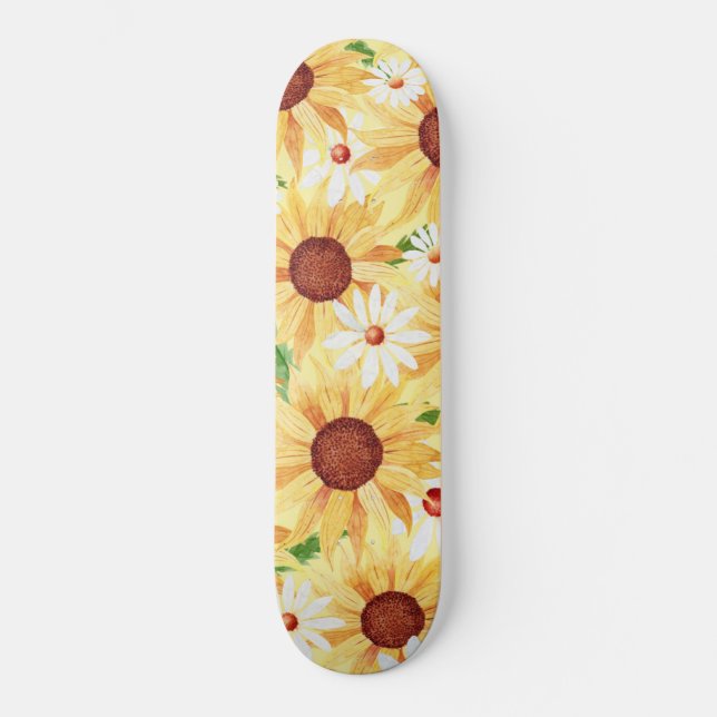 Watercolor  Yellow Sunflower and Daisy Skateboard (Front)