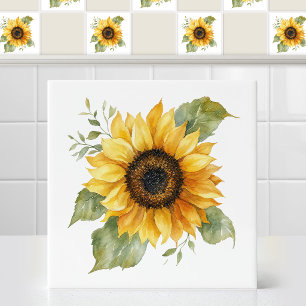 Watercolor Yellow Sunflower Faded Tournesol Flower Tile