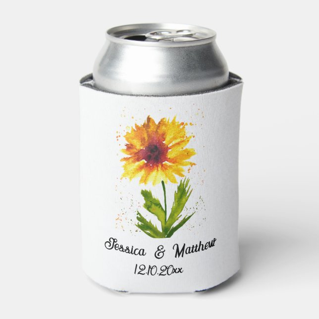 Watercolor yellow sunflower floral nature Weddings Can Cooler (Can Front)