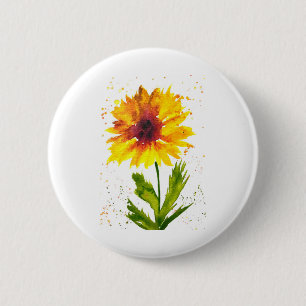 Watercolor yellow sunflower flower chic rustic 6 cm round badge