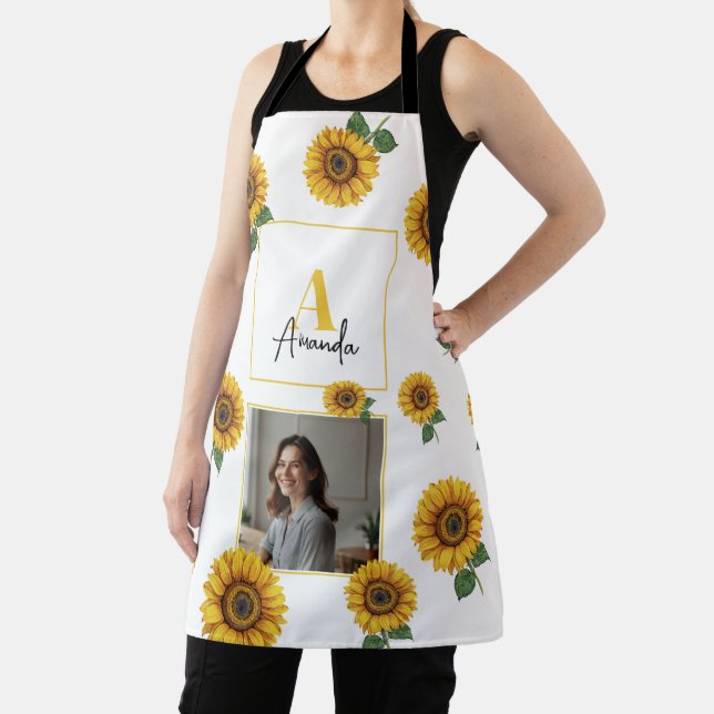 Watercolor Yellow Sunflower Monogram Mum Apron (Insitu)