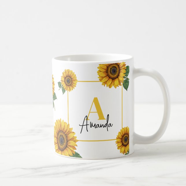 Watercolor Yellow Sunflower Monogram Mum Coffee Mug (Right)