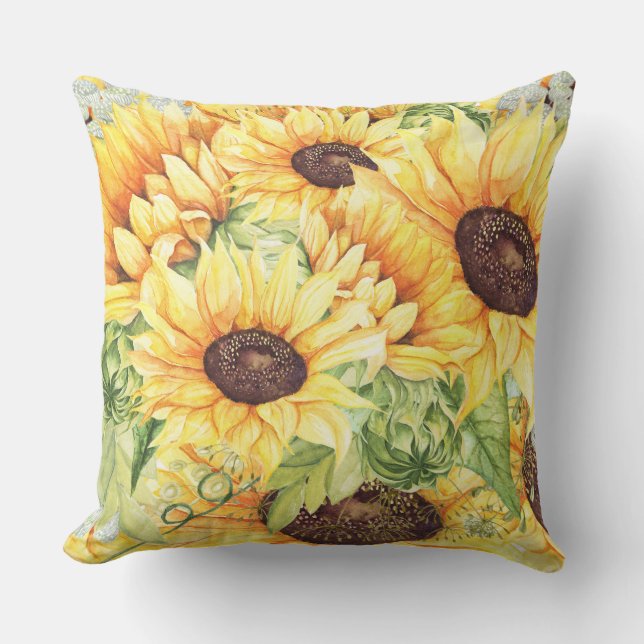 Watercolor Yellow Sunflowers and Greenery Cushion (Front)