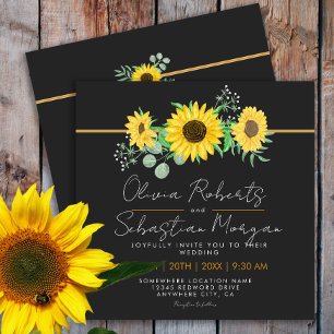 Watercolor Yellow Sunflowers Black Square Wedding Invitation