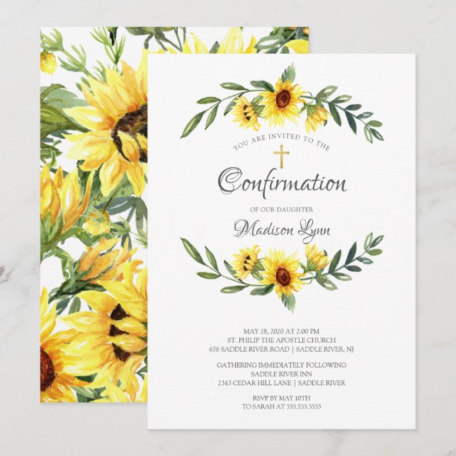 Watercolor Yellow Sunflowers Confirmation Invitation (Front/Back)