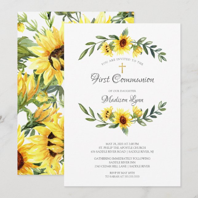 Watercolor Yellow Sunflowers First Communion Invitation (Front/Back)