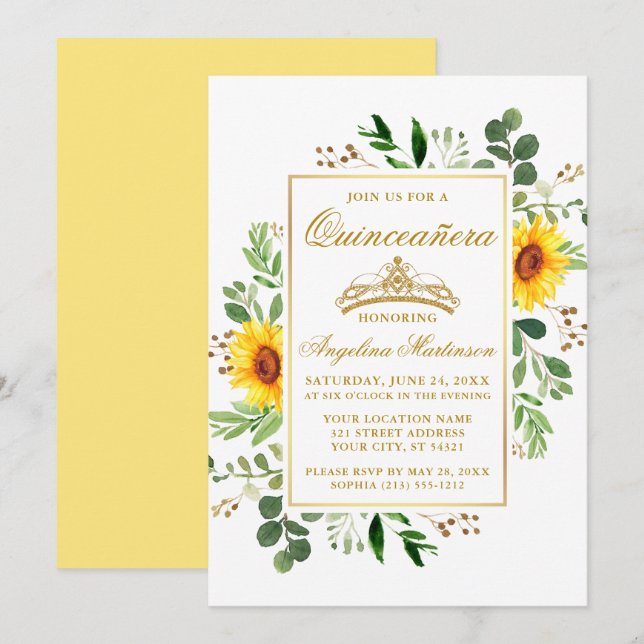 Watercolor Yellow Sunflowers Greenery Quinceanera Invitation (Front/Back)