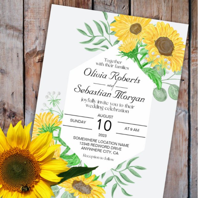 Watercolor yellow sunflowers hexagon Wedding Invitation (Creator Uploaded)