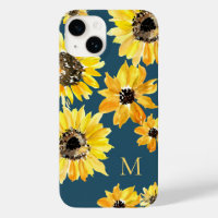 Watercolor yellow sunflowers on blue Monogram