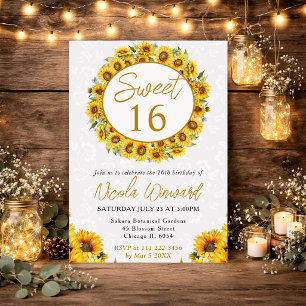 Watercolor Yellow Sunflowers Wreath Sweet 16 Invitation