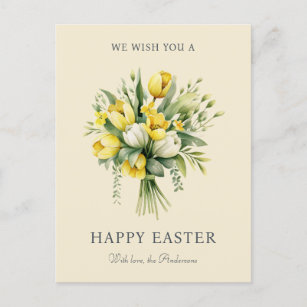 Watercolor Yellow Tulips Floral Happy Easter  Holiday Postcard