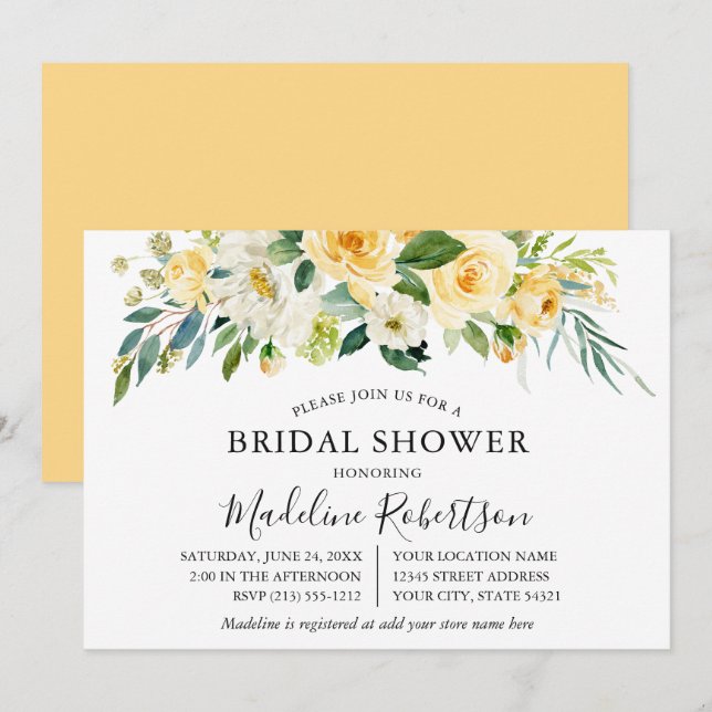 Watercolor Yellow White Floral Bridal Shower Invitation (Front/Back)