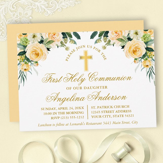 Watercolor Yellow White Floral Communion Gold Invitation (Customize to change text color, size, style or to change color of back of card.)