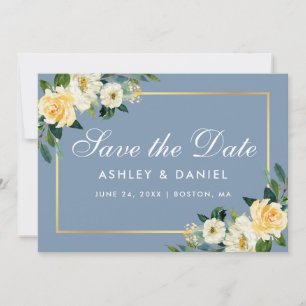 Watercolor Yellow White Floral Dusty Blue Save The Date