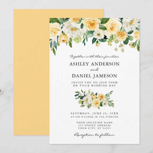 Watercolor Yellow White Floral Elegant Wedding Invitation (Front/Back)
