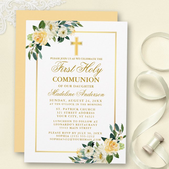 Watercolor Yellow White Floral First Communion Invitation (Customize to change text color, text style or color of back of card.)