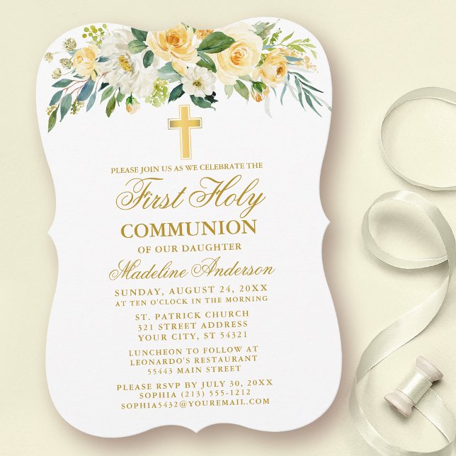 Watercolor Yellow White Floral First Communion Invitation (Customize to change text size, style, color or to add more text or photos to back of card.)