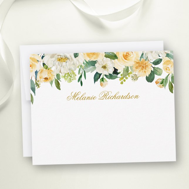 Watercolor Yellow White Floral Personalised Gold Card (Customize to change text color,  text style or to add more text to back of card.)
