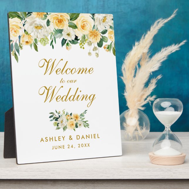 Watercolor Yellow White Floral Wedding Welcome Plaque (Side)