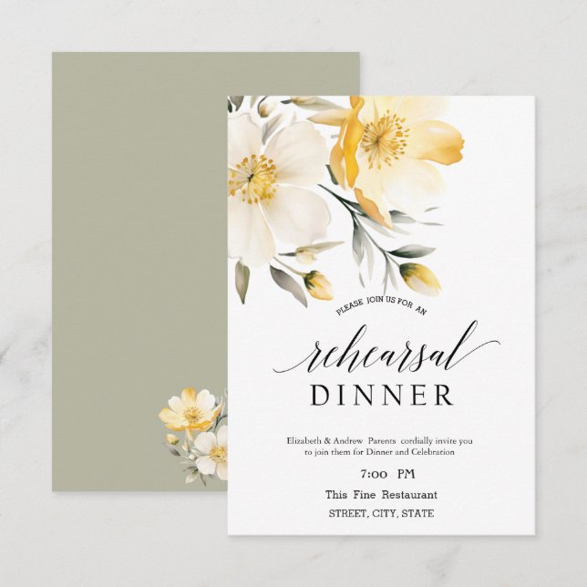 Watercolor Yellow White Flowers Rehearsal Dinner   Invitation (Front/Back)