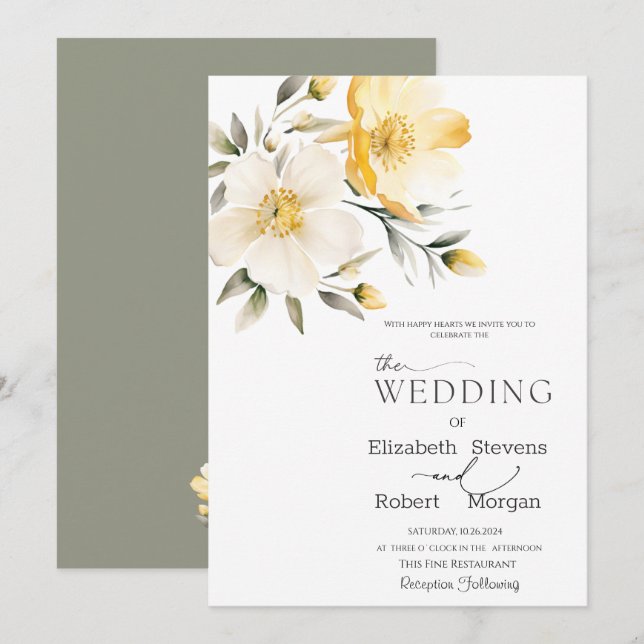 Watercolor Yellow White Flowers Wedding Invitation (Front/Back)