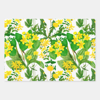 Watercolor Yellow Wildflowers and Herbs Botanical Wrapping Paper Sheet