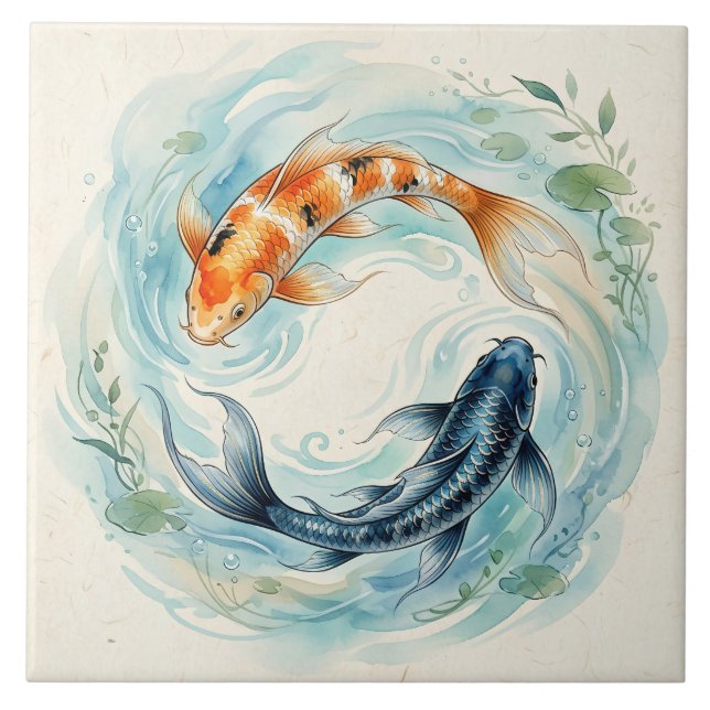 Watercolor Yin Yang Koi Fish Tile (Front)