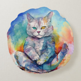 Watercolor Yoga Cat II Round Cushion