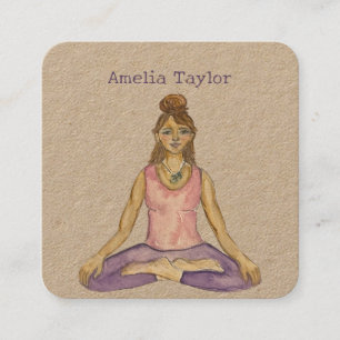 Watercolor Yoga Girl Teacher in Lotus Pose Square Business Card