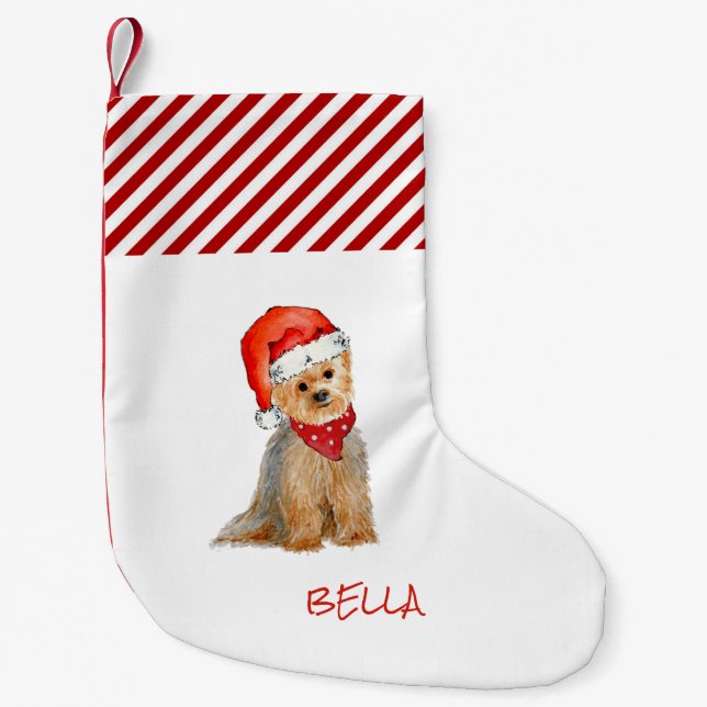 Watercolor Yorkie in a  Santa hat  Small Christmas Stocking (Front)