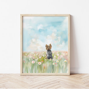 Watercolor Yorkshire Terrier in Flower Field Art Poster