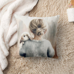 Watercolor Young Girl With Pet Rabbit Cushion