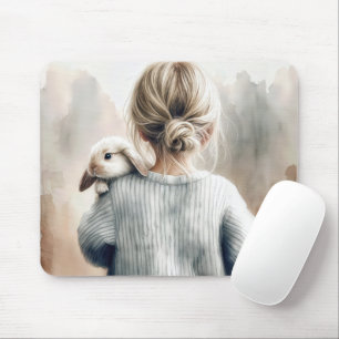 Watercolor Young Girl With Pet Rabbit Mouse Mat