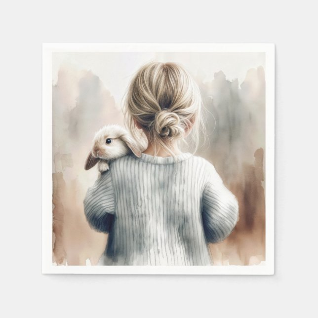 Watercolor Young Girl With Pet Rabbit Napkin (Front)