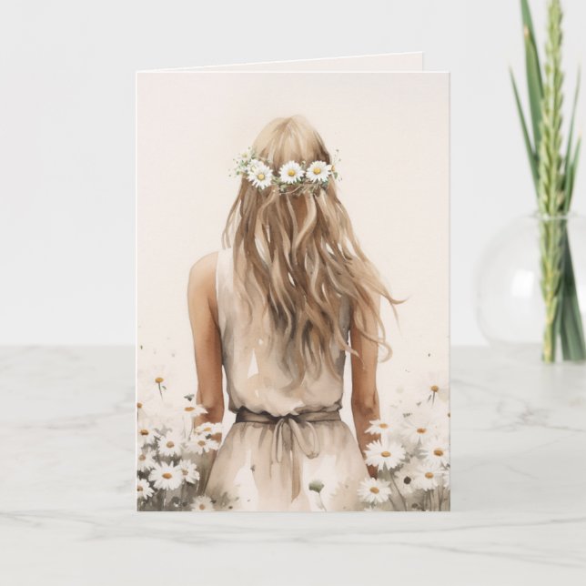 Watercolor Young Woman In Daisies Card (Front)