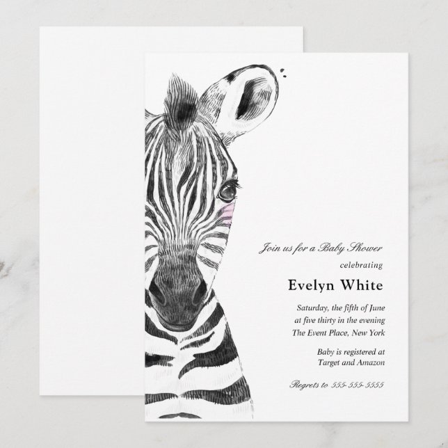 Watercolor Zebra | Baby Shower invitation (Front/Back)