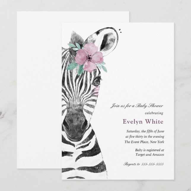 Watercolor Zebra | Baby Shower invitation (Front/Back)