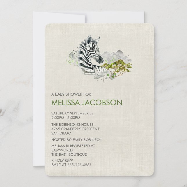 Watercolor Zebra Baby Shower Invite (Front)
