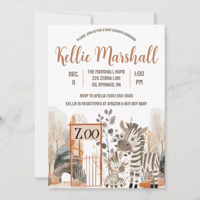 Watercolor Zebra Family, Zoo, Baby Shower Invitation (Front)