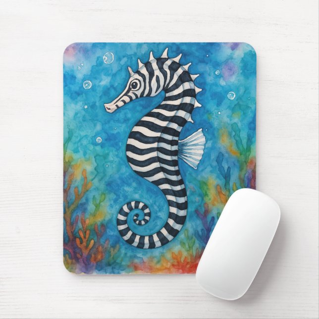 Watercolor Zebra Seahorse Mouse Mat (With Mouse)