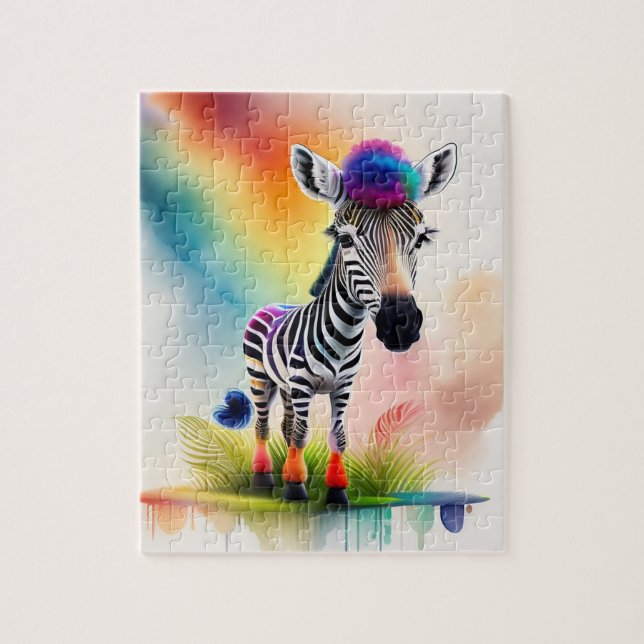 Watercolor Zebra With Rainbow Colours, Zebra Jigsaw Puzzle (Vertical)