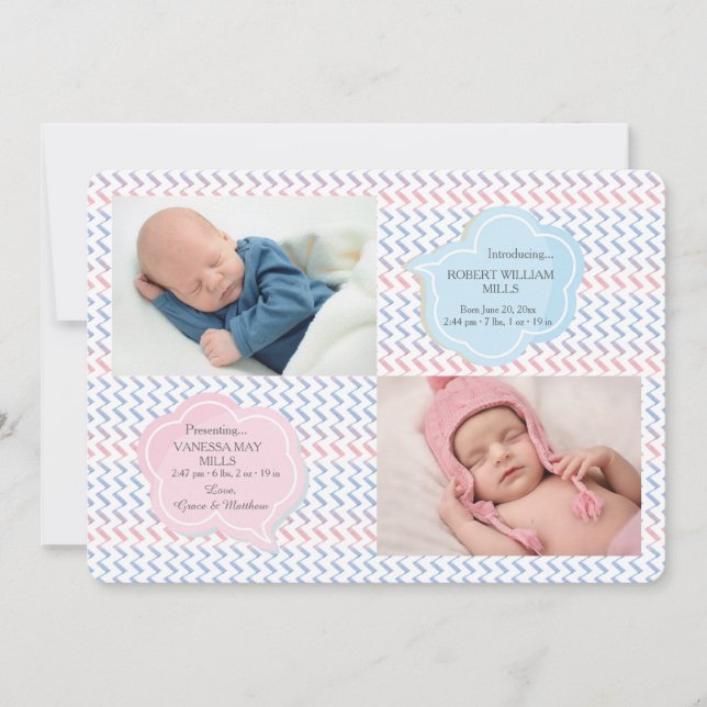 Watercolor Zig Zag Photo Birth Announcement (Front)